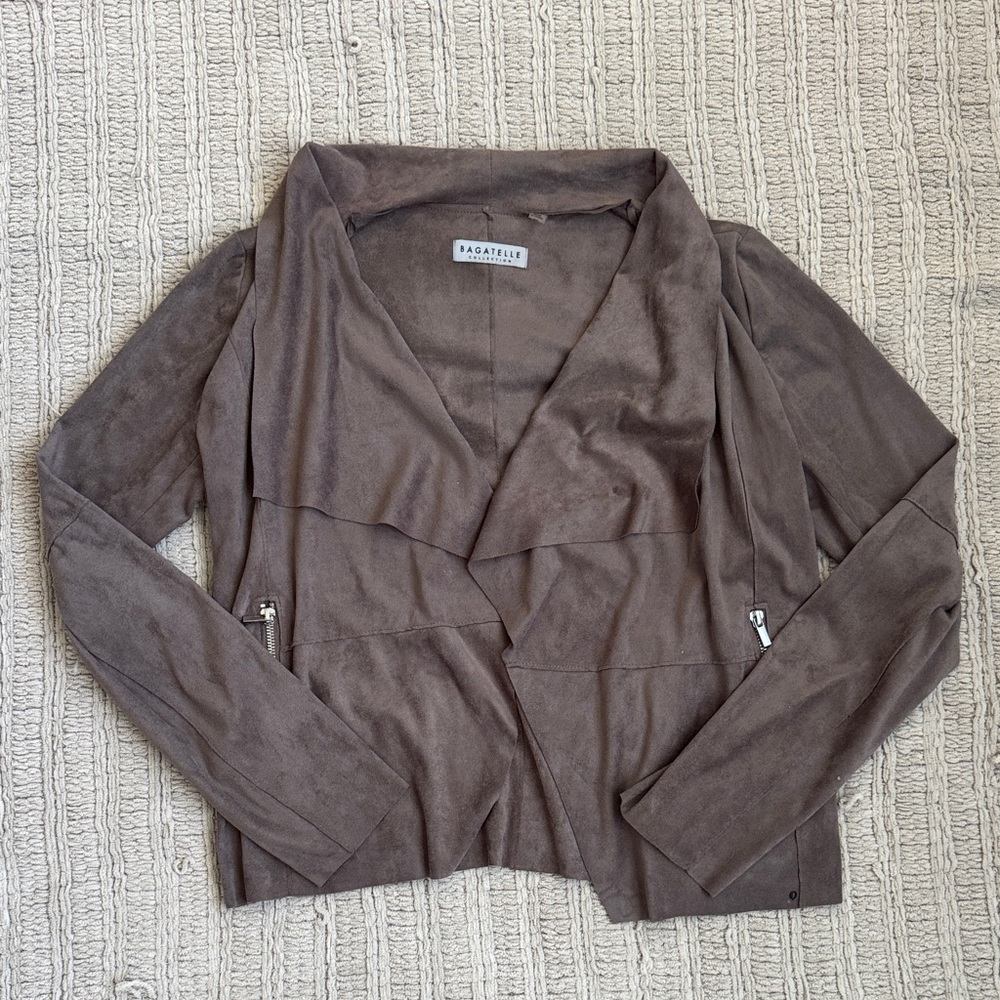 bagatelle Faux-Suede Taupe Draped Open-Front Jacket